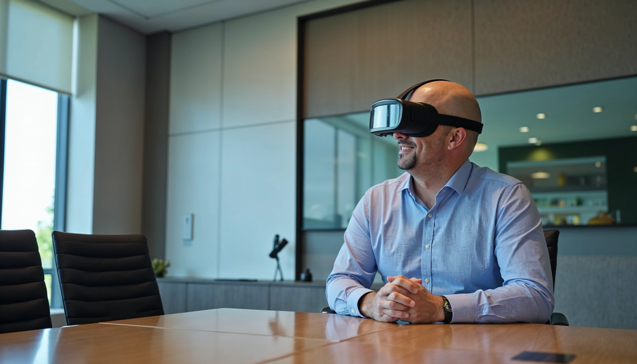 Marc searing at the conference room table wearing 3d glasses
