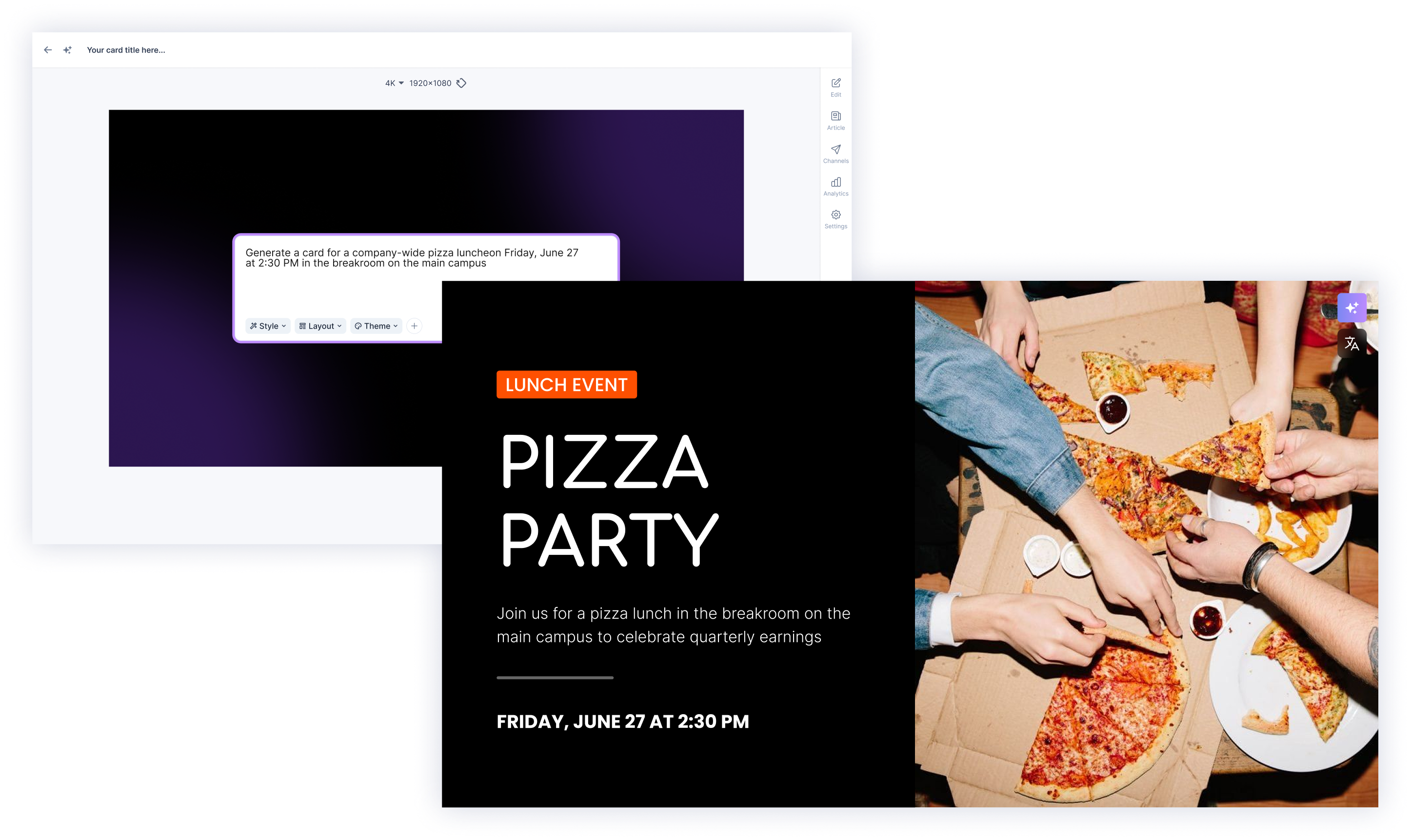 Appspace AI content generation showing a text prompt instantly creating a "Pizza Party" event card with relevant image and details.