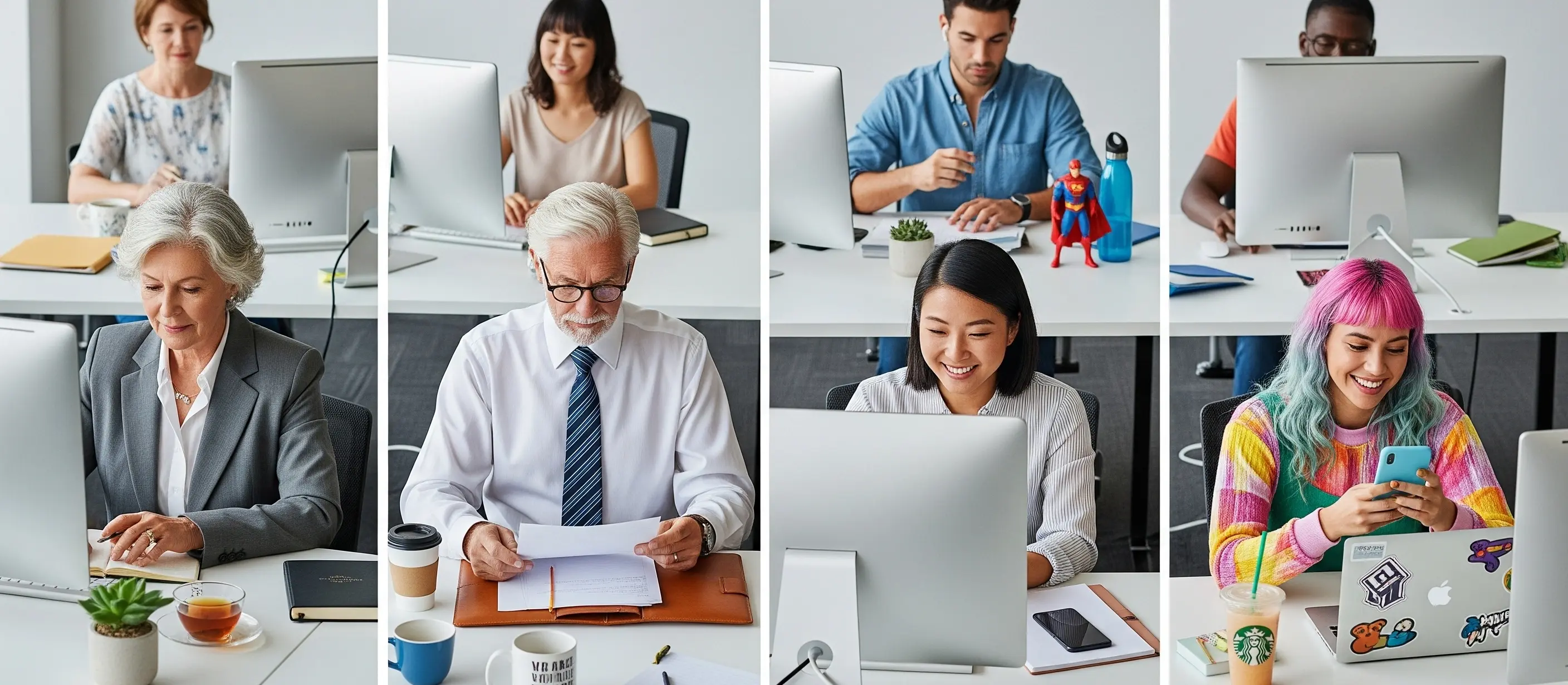 People of diverse ages working at desks with computers in a shared office space; some are using phones, and others are writing or typing.
