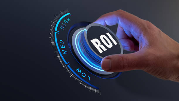 Hand turning a glowing blue knob labeled ROI, with indicators for low, medium, and high on a dark background, suggesting optimization.