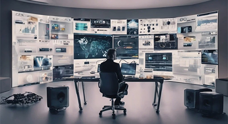 man looking at many different dashboards