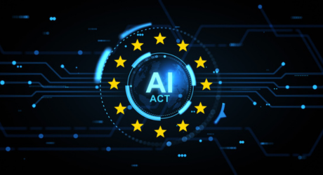 Digital graphic depicting "AI Act" encircled by EU stars, with circuit board-like lines on a dark background.
