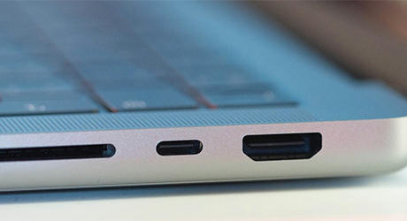 Close up of a laptop's HDMI port