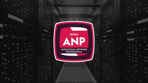 AVIXA ANP logo with "Audiovisual Network Professional" text on a red badge, overlaid on a dimly lit server room background.
