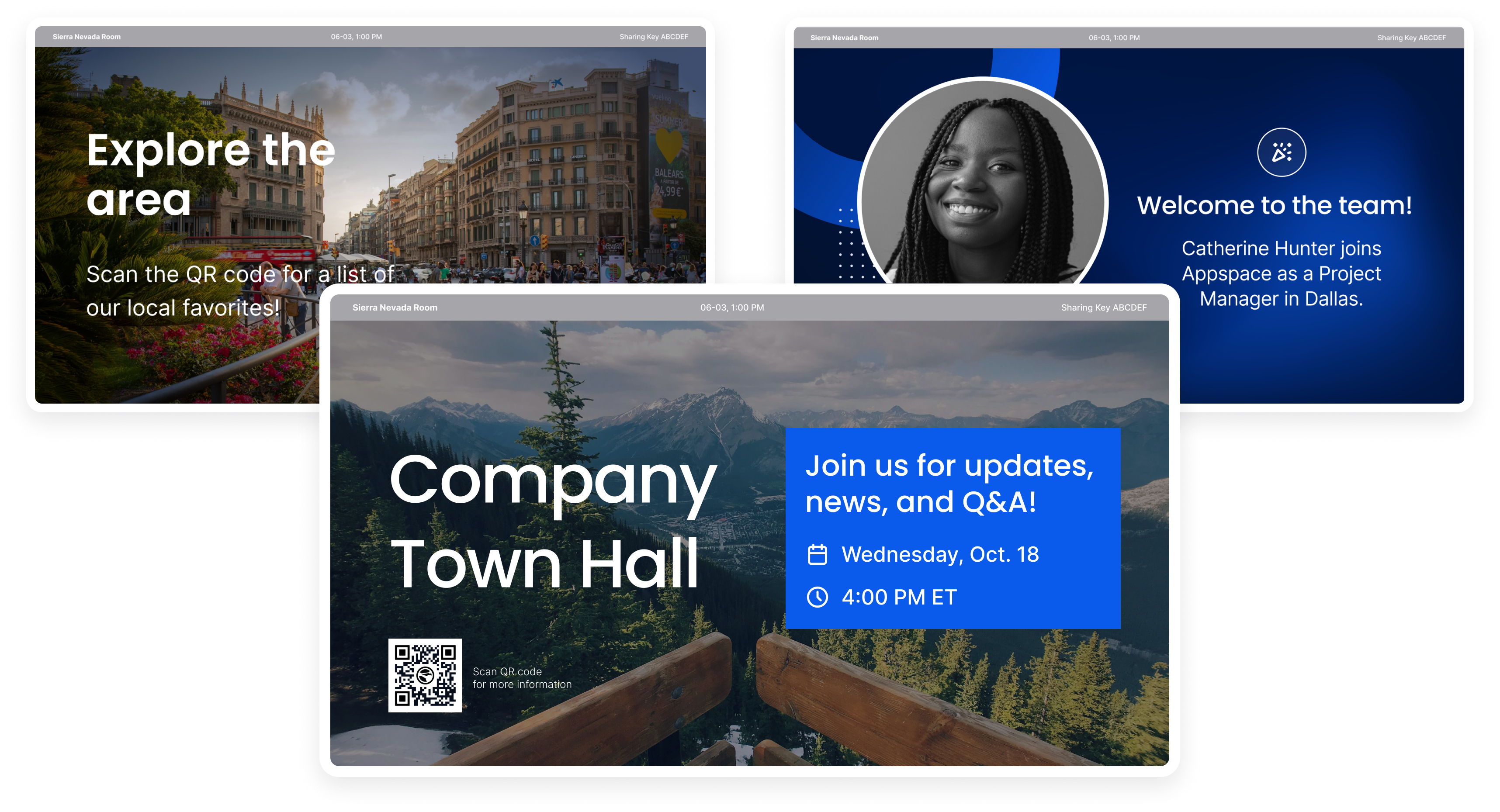 Appspace digital signage templates showing employee welcome, local area guide, and company town hall announcement.