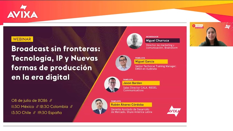 Webinar announcement with photos and details of the moderator and panelists, discussing digital broadcasting technology on July 8, 2026.