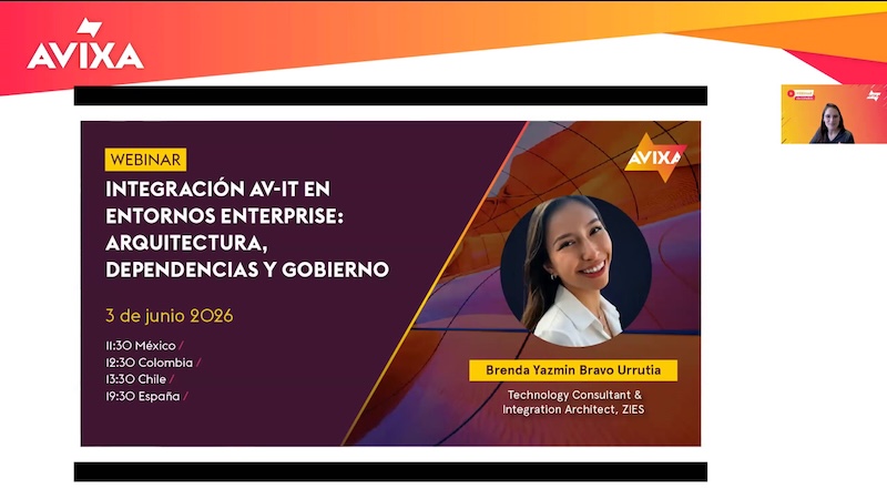 Webinar slide for "Integración AV-IT en Entornos Enterprise" on June 3, 2026, featuring a speaker with details on timing for Mexico, Colombia, Chile, and Spain.
