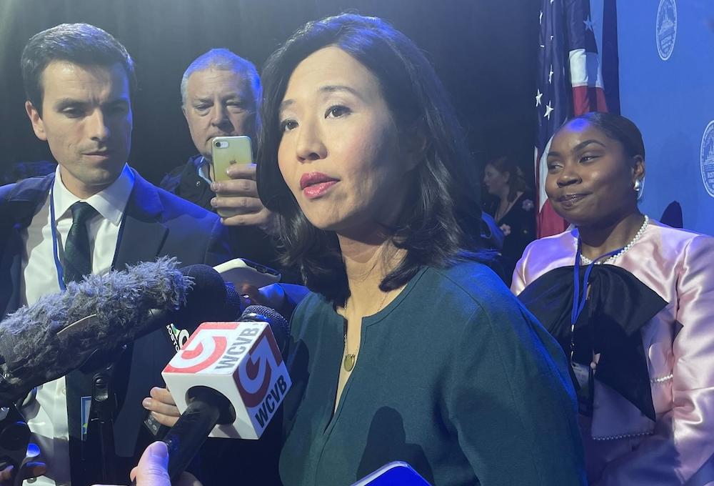 Mayor Michelle Wu speaking to reporters after her State of the City address Wednesday night. 