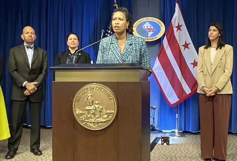 Mayor Muriel Bowser speaking at a Wednesday afternoon press conference after Monumental announced plans to move the Wizards and Capitals to Virginia. 