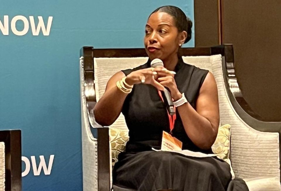 EBDI President and CEO Cheryl Washington speaks about the nonprofit's redevelopment efforts in East Baltimore.