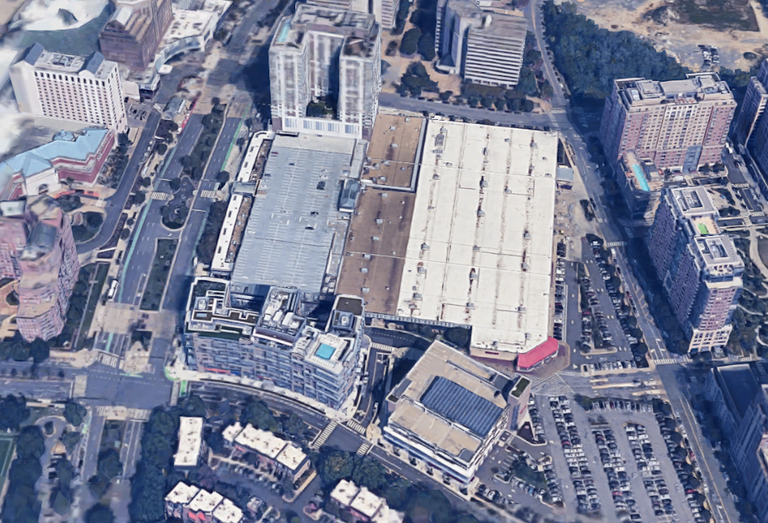 The Pentagon Centre property as it exists today, with two apartment buildings on the western portion and the Costco on the eastern side. 