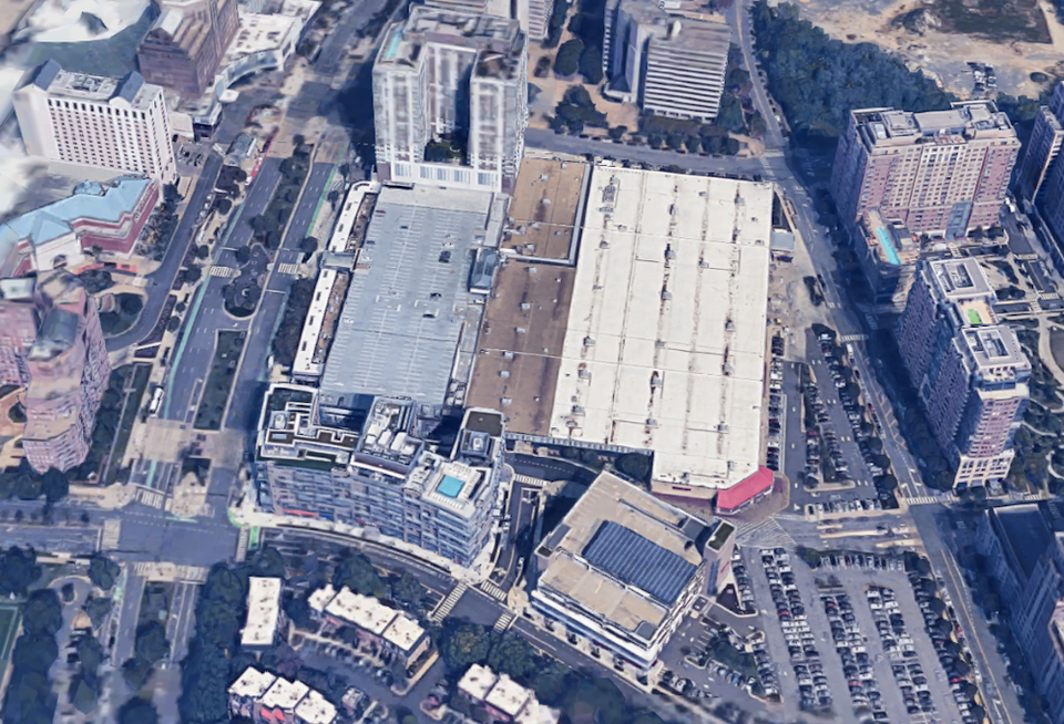 The Pentagon Centre property as it exists today, with two apartment buildings on the western portion and the Costco on the eastern side.