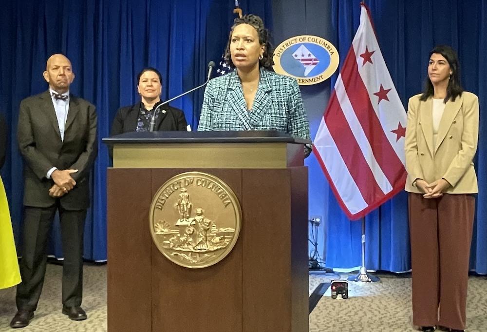 Mayor Muriel Bowser speaking at a Wednesday afternoon press conference after Monumental announced plans to move the Wizards and Capitals to Virginia. 