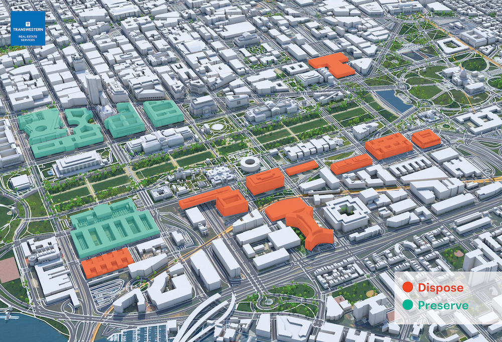 A map from a Transwestern report showing federal properties that could be sold to spur a massive redevelopment. 