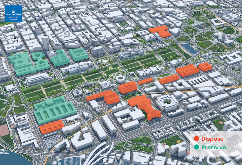 A map from a Transwestern report showing federal properties that could be sold to spur a massive redevelopment. 