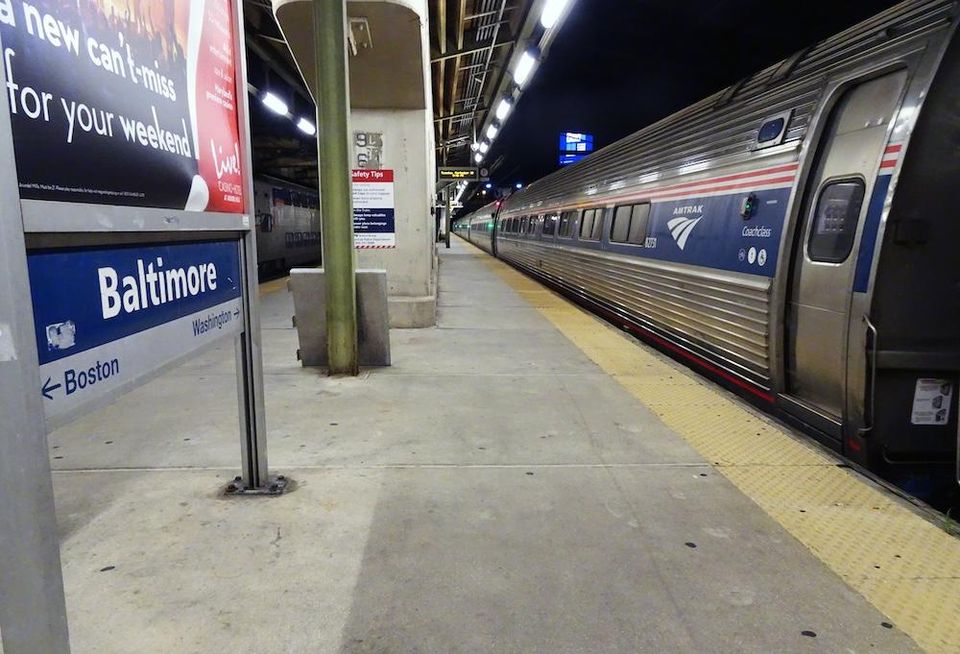 An Amtrak train at Baltimore's Penn Station.