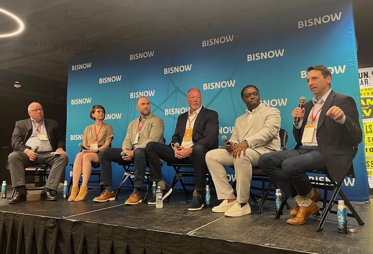 Mackenzie Commercial Real Estate Services’ Owen Rose, Live Baltimore’s Annie Milli, Clark Construction’s Will Englehart, CFG Bank Arena’s Frank Remesch, Baltimore County Chamber of Commerce’s Brent Howard and Baltimore Development Corp.’s Colin Tarbert. 