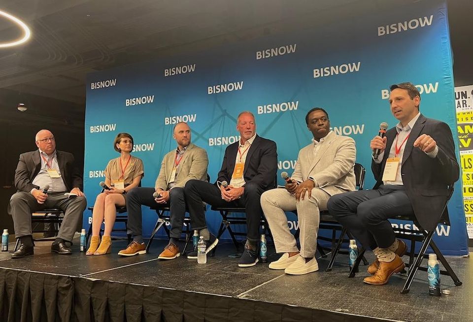 Mackenzie Commercial Real Estate Services’ Owen Rose, Live Baltimore’s Annie Milli, Clark Construction’s Will Englehart, CFG Bank Arena’s Frank Remesch, Baltimore County Chamber of Commerce’s Brent Howard and Baltimore Development Corp.’s Colin Tarbert.