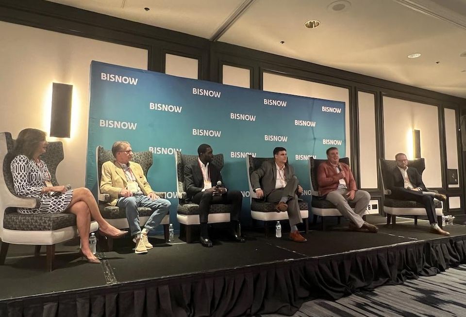 Divaris Real Estate’s Dawn Calabrese, Powers Brown Architecture’s Reinaldo Venancio, Pivot Energy’s Remi Mignott, FCL Builders’ Jeff Bonfoey and Brennan Investment Group’s Chris Massey at Bisnow’s Mid-Atlantic Industrial event.