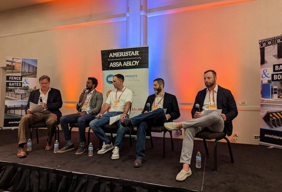 Microsoft's Kartik Atyam speaks at Bisnow's National DICE Construction, Design and Development - West summit in San Jose. He is joined by (from left to right): CloudCenters' Craig McGahey, Yondr's Éanna Murphy, Cologix' Jon Gibbs and Evoque's Brett Severson.