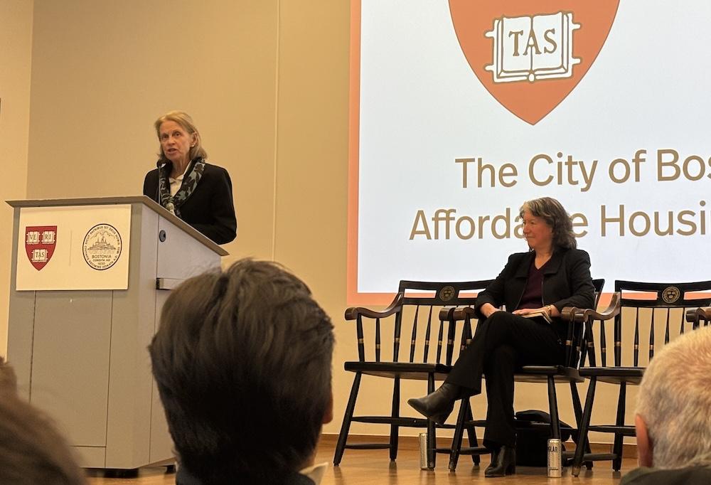 Mayor's Office of Housing's Sheila Dillon speaking at the Harvard Ed Portal in the Allston Brighton neighborhood.