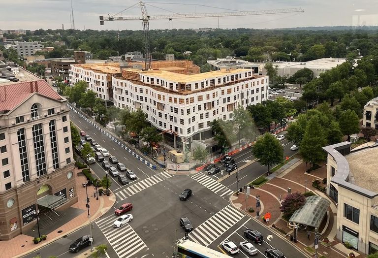 The intersection of Wisconsin and Western avenues in Friendship Heights, with Tishman Speyer's new apartment project in the center. 
