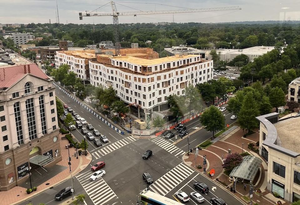 The intersection of Wisconsin and Western avenues in Friendship Heights, with Tishman Speyer's new apartment project in the center.