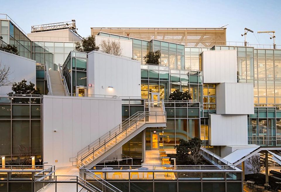 Interlocking terraces, staircases, infrastructure and balconies make for a complex facade project at offices in Menlo Park, built by Truebeck.