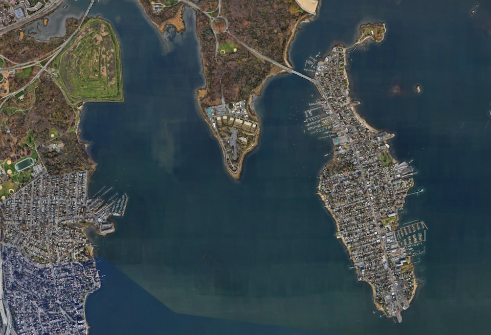 An aerial view of City Island, which is connected to the rest of The Bronx by one bridge.