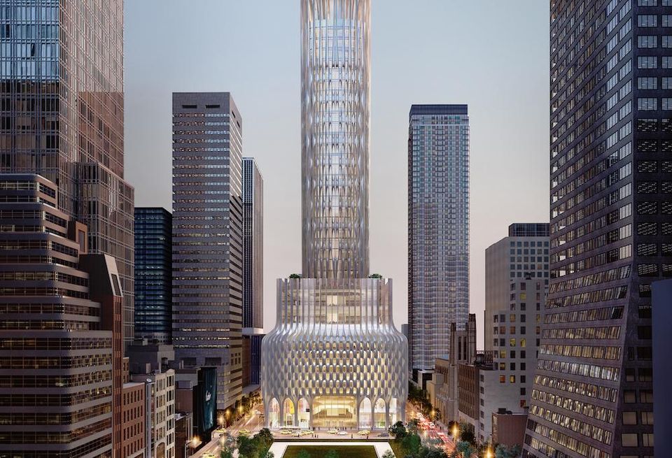 The rendering of 660 Fifth Ave., the redevelopment of 666 Fifth Ave., planned by Kushner Companies and designed by Zaha Hadid