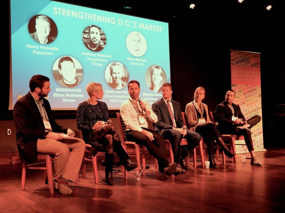Bisnow's Ethan Rothstein, Solidcore's Anne Mahlum, Vida Fitness' David Von Storch, Rappaport's Henry Fonvielle, Brookfield's Melanie Stehmer-Townsend and OrangeTheory Fitness' Anthony Bianucci