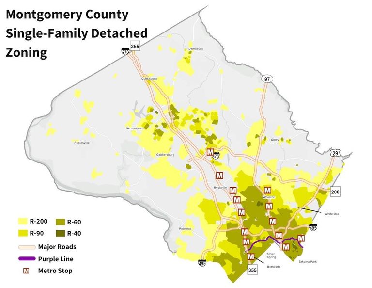 A map of Montgomery County, with the shading showing the areas where single-family zoning would be changed under the new plan. 