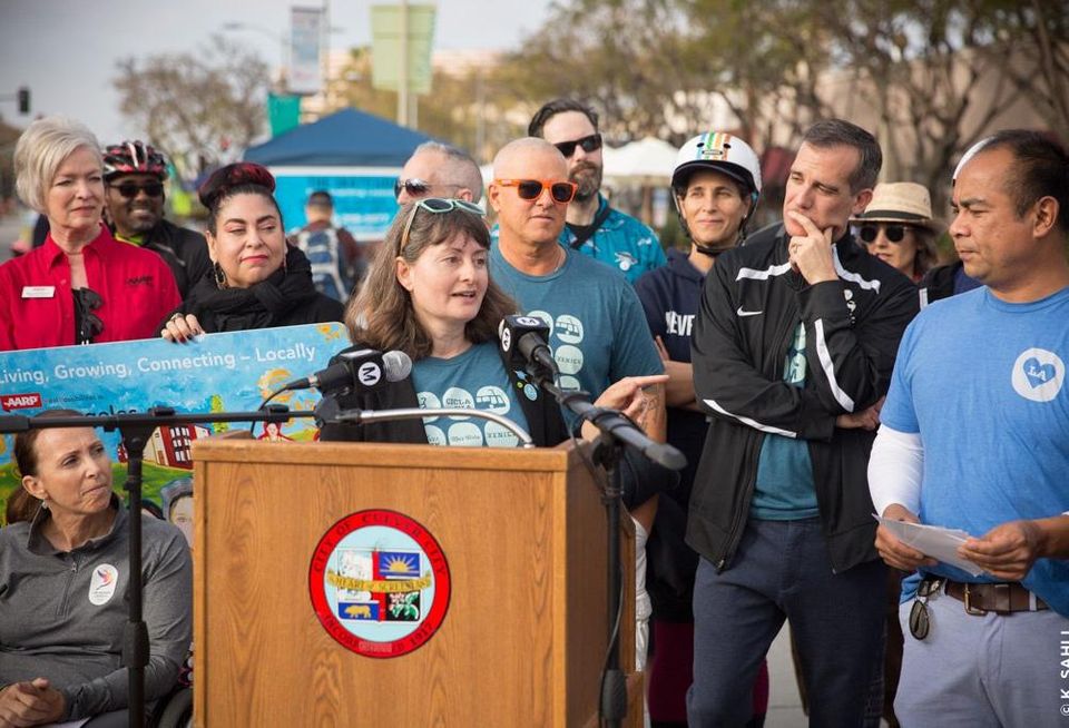 Culver City Mayor Meghan Sahli-Wells speaks at a press conference during a CicLAvia event.