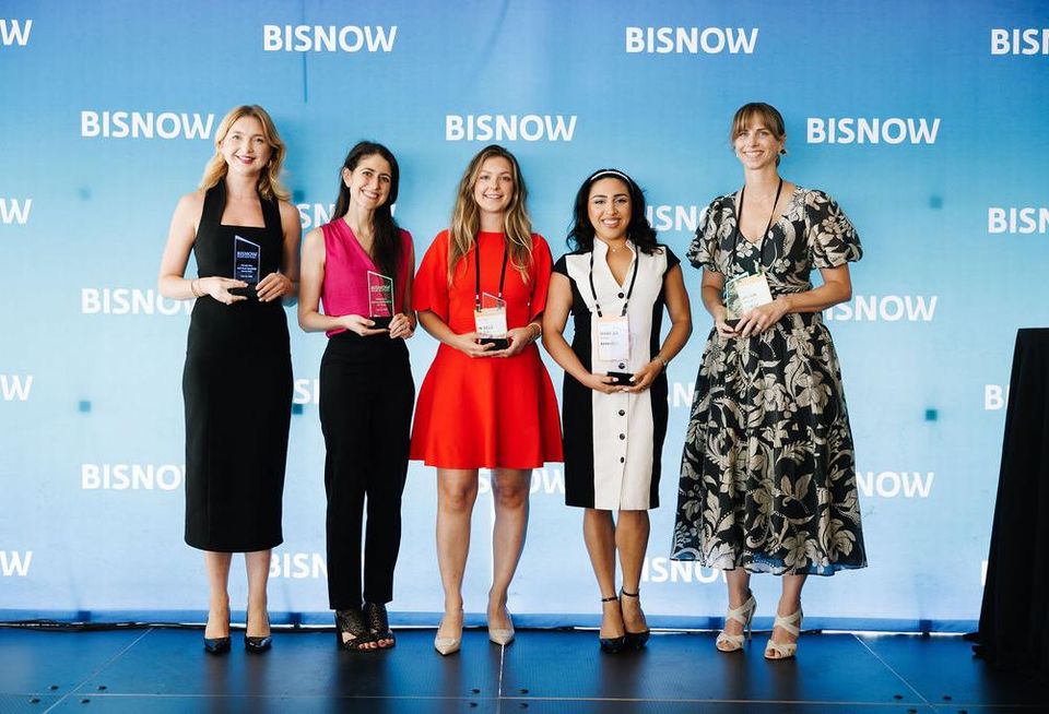 Bisnow’s 2024 Rising Star honorees: Blanca Commercial Real Estate’s Nicole Kaiser, CP Group’s Giana Pacinelli, Robert Derector Associates’ Nicole Ryzuk, Berkadia’s Mabelle Perez and J. Kelly Advisors’ Jessica Browdy.