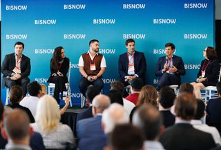 Cain International’s Daniel Weisen, AEI’s Juliana Fernández, Mindspace USA’s Shai Fogel, Constellation Group’s Eduardo Otaola, Related Cos.’ Jordan Bargas and Akerman Miami’s Janis Cheezem at Bisnow’s South Florida Office Summit and Cocktail on Oct. 19, 2023. 