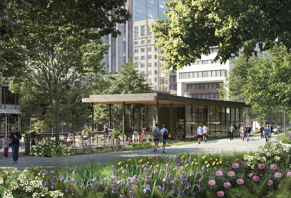 Rendering of the updated Franklin Park, which includes a restaurant pavilion