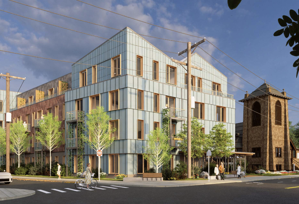 A rendering of the Allston Brighton CDC and the Hill Memorial Baptist Church's proposed residential development at 279-283 North Harvard Ave. in Allston.