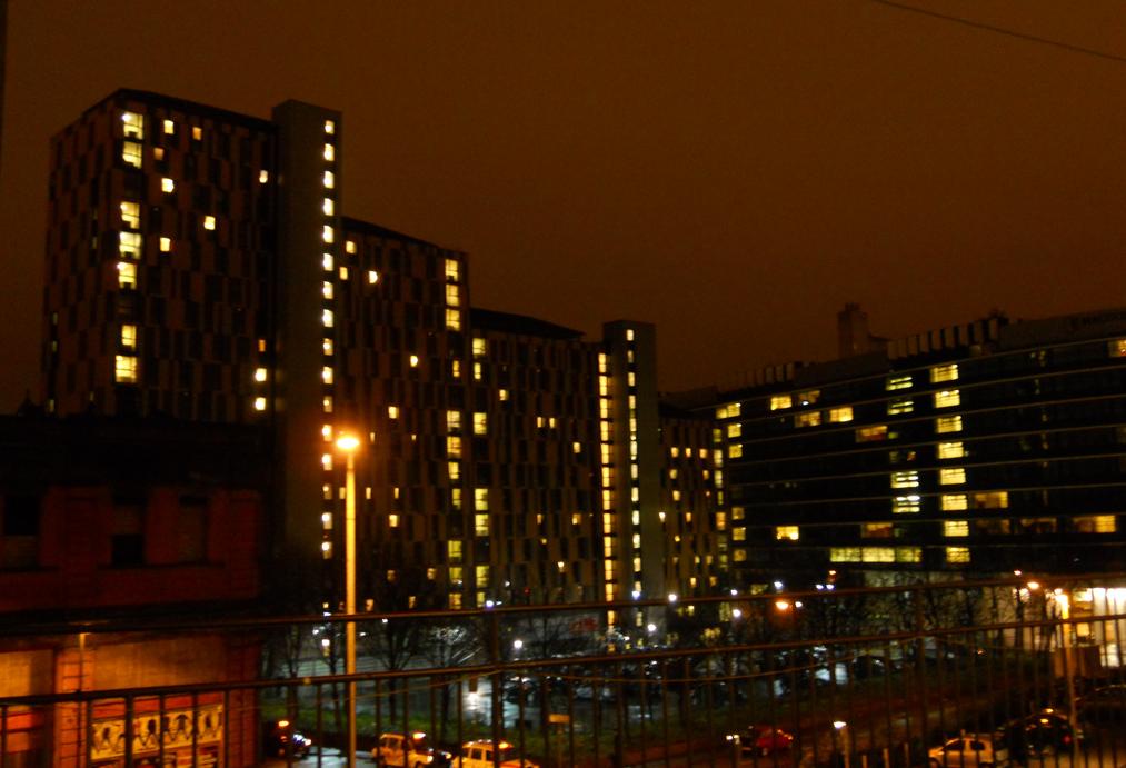 Manchester after dark night towers lights windows 
