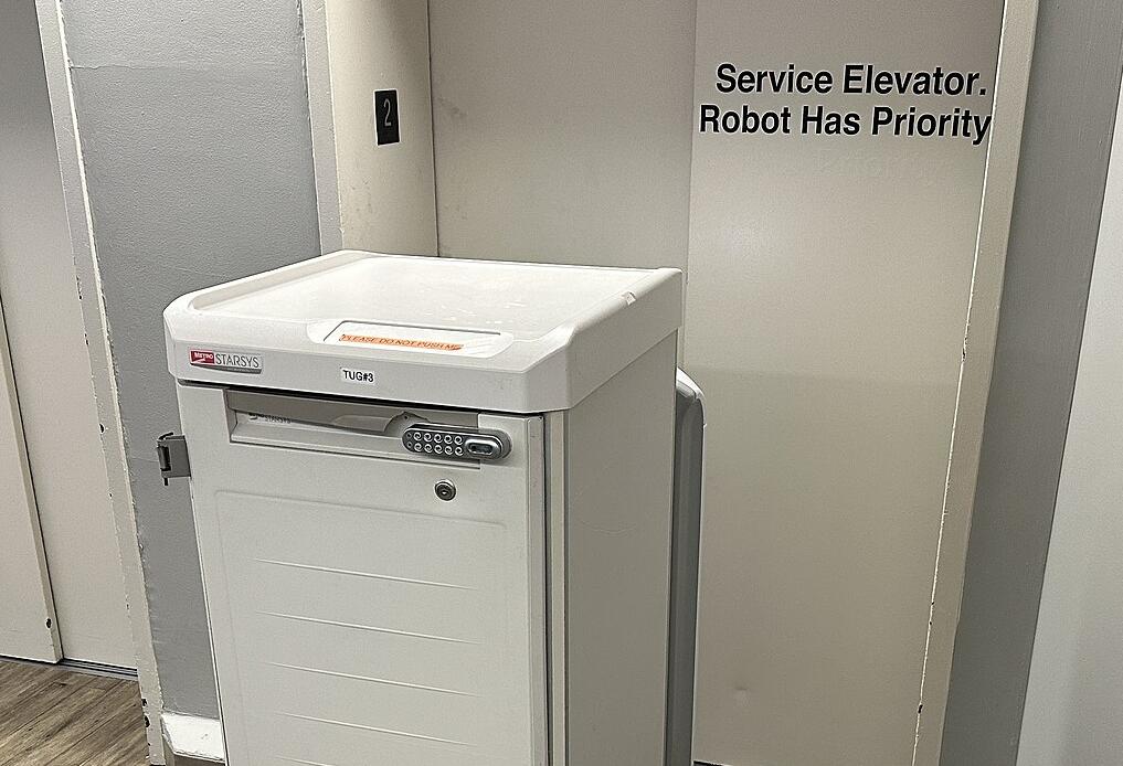 Some modern elevators, like this one in a Connecticut hospital, can sync with robots to deliver goods across floors. An elevator that reads