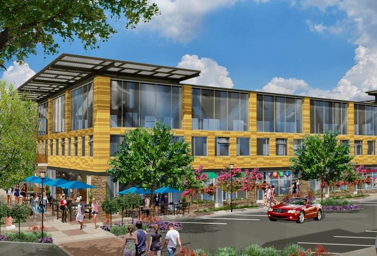 A rendering of a three story office/retail building along Lincoln Place currently under construction.