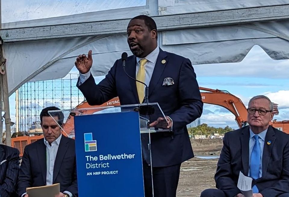 Councilmember Kenyatta Johnson speaks, flanked by Hilco Redevelopment Partners CEO Roberto Perez and Philadelphia Mayor Jim Kenney
