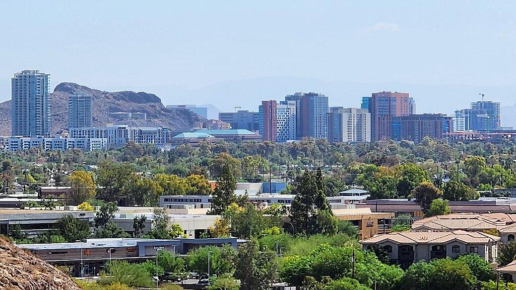 Offices, a mountain, and houses