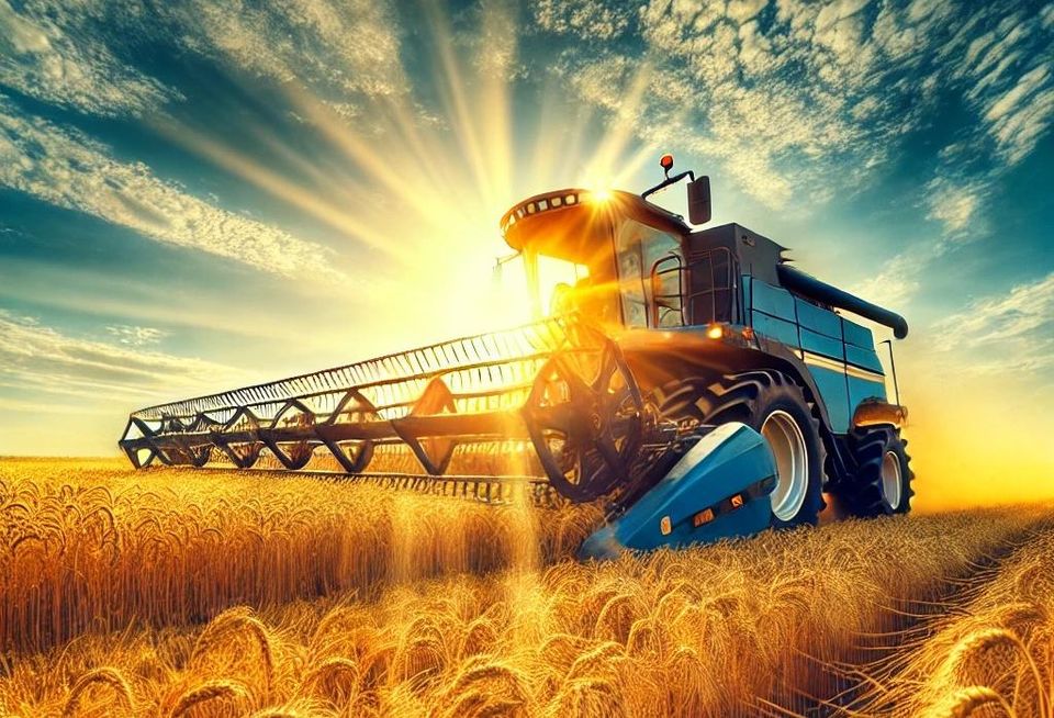 A high-definition HDR image of a large tractor or combine plowing a vast field of golden wheat on a sunny day with a bright blue sky.