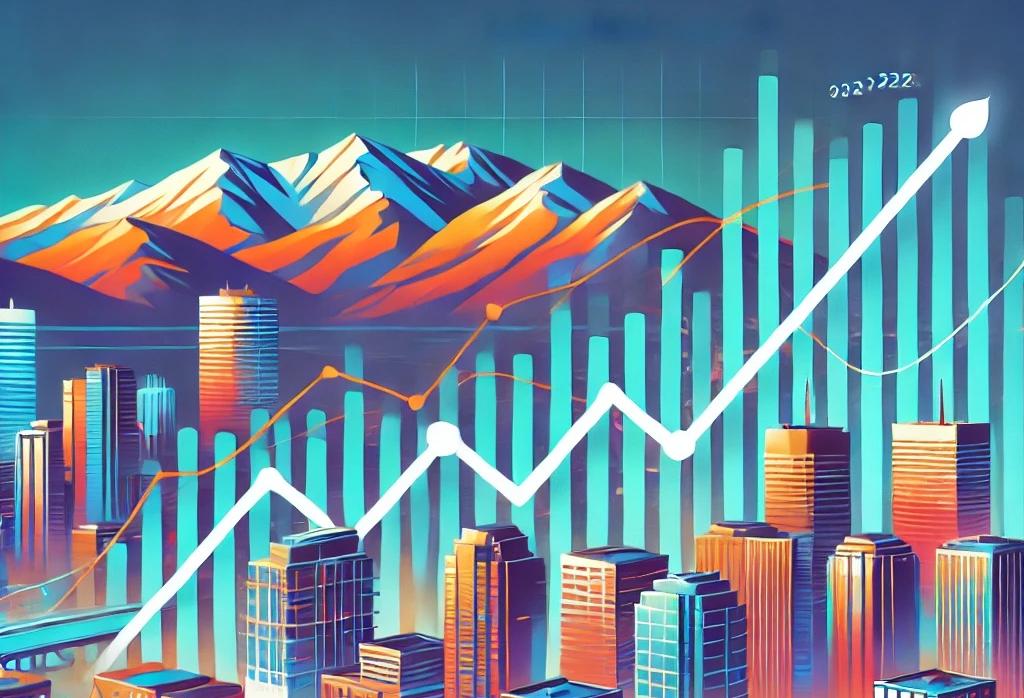 A vibrant, colorful AI-generated image of Denver's skyline, the mountains and a supply-and-demand chart.