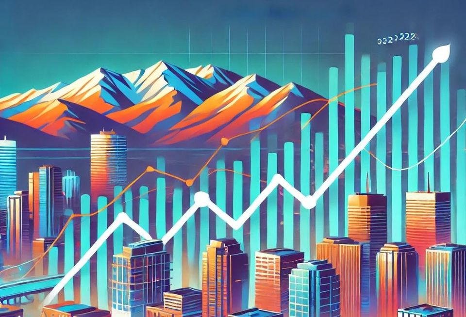 A vibrant, colorful AI-generated image of Denver's skyline, the mountains and a supply-and-demand chart.