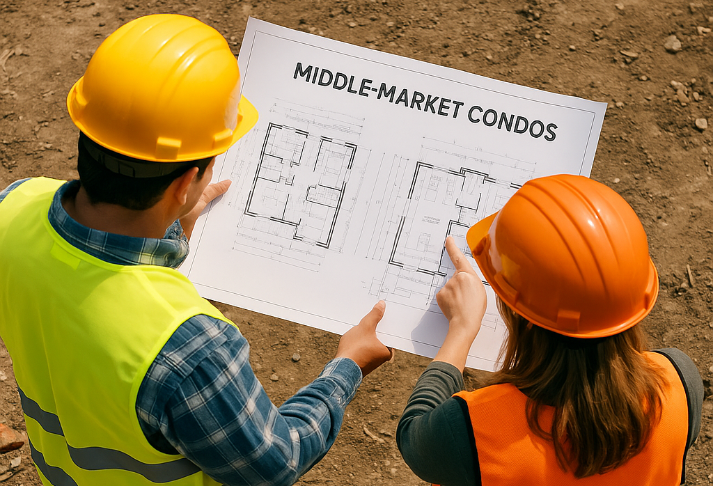 An AI-generated image of two construction workers — one male, one female — reviewing floor plans on a schematic labeled 