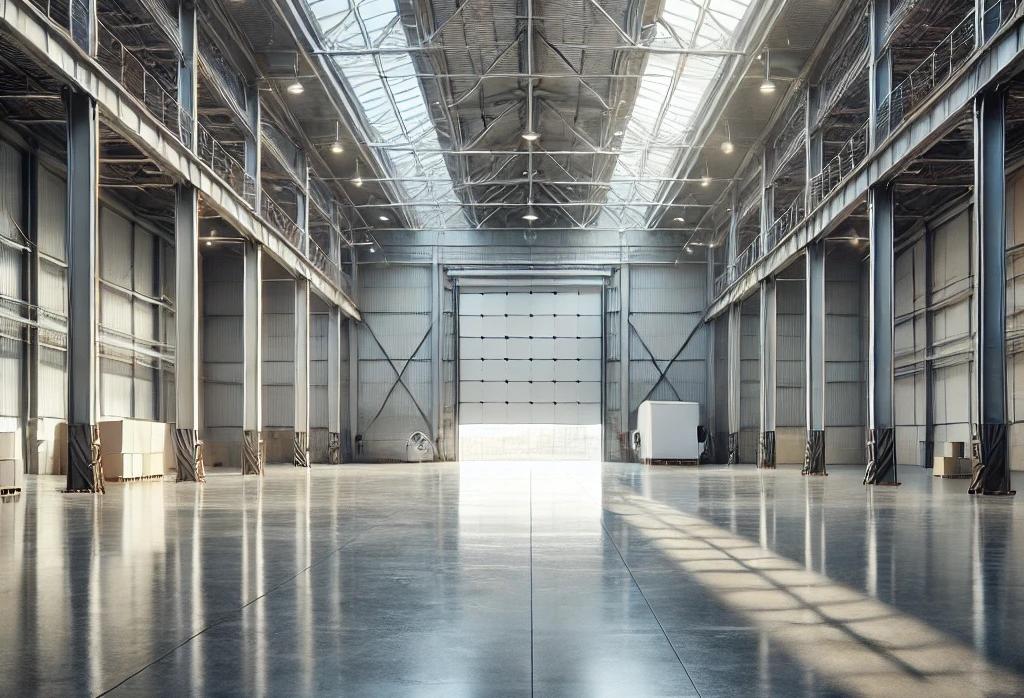 An AI-generated image of the interior of a large, new and mostly empty industrial warehouse with its main garage-like door opening, reflecting the sun's glare off the floor.