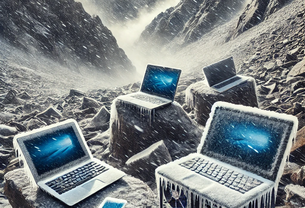 computers defrosting on mountain landscape