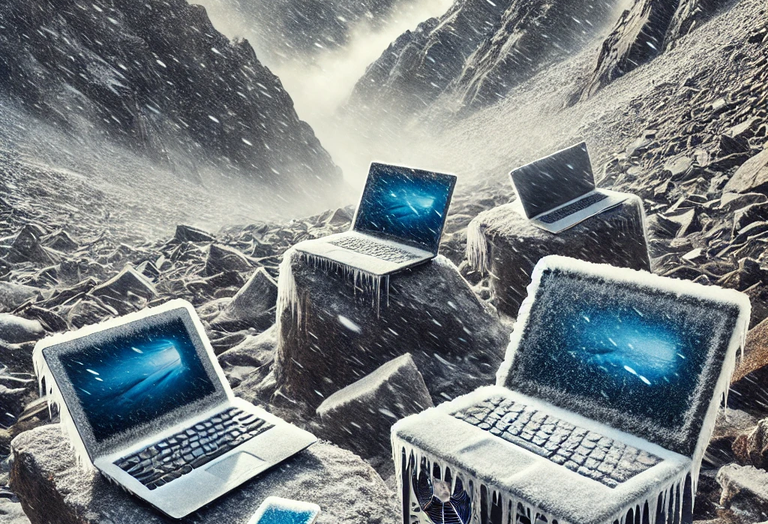 computers defrosting on mountain landscape