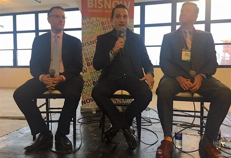 RXR Realty's Seth Pinsky, Newmark's Brian Waterman and Brause Realty's David Brause at Bisnow's Long Island City State of the Market event Dec. 5, 2017